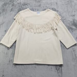 Vintage Vicki Wayne‎ Fringed Fleece Top Womens Size S Cream 3/4 Sleeves Pullover